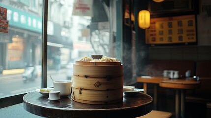 Dim sum bamboo steamer on a table, classic Hong Kong street caf.