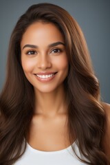 Fototapeta premium smiling woman with long brown hair and white tank top