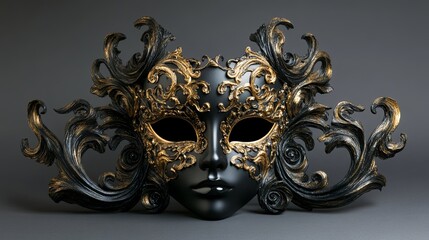 Dramatic black and gold theatrical mask with swirling filigree.