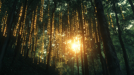 A digital rain of glowing binary code cascading through a forest, with sunlight filtering through the canopy, creating a surreal scene.