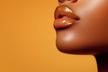 Close-up of a glossy, caramel-colored lip with a smooth finish against a warm orange background, showcasing a vibrant beauty aesthetic.