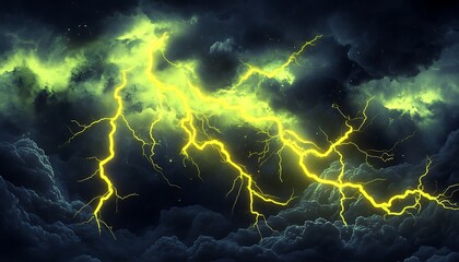 A bold and stylized design with neon yellow lightning bolts and dark storm clouds