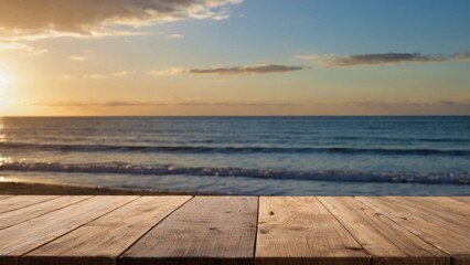 Fototapeta premium wooden table board with beach background
