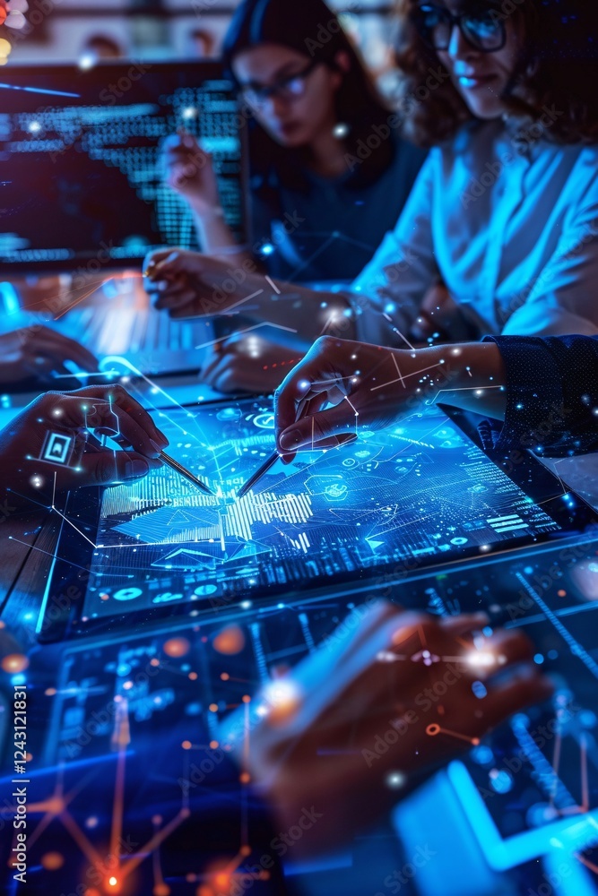 Aufkleber Software developers using futuristic overlay design on digital tablet and laptop