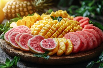 A colorful arrangement of fresh tropical fruits, beautifully displayed with rich textures and vibrant hues. generative ai