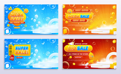 Collection of discount sale promo banner templates. Collection of flash sale, big sale, super sale, and mega sale promo discounts with podium, spotlights, and realistic abstract backgrounds.
