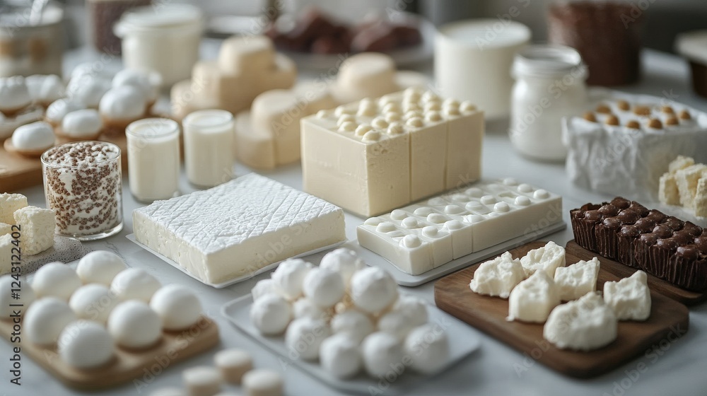 Poster assorted dairy products displayed on a table, showcasing a variety of textures and shapes
