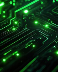 A detailed close-up of a green circuit board illuminated by tiny lights, showcasing advanced technology in a vibrant manner.