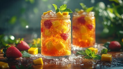 Chilled fruit-infused beverages in tall glass jars, garnished with citrus and herbs for a refreshing taste. generative ai