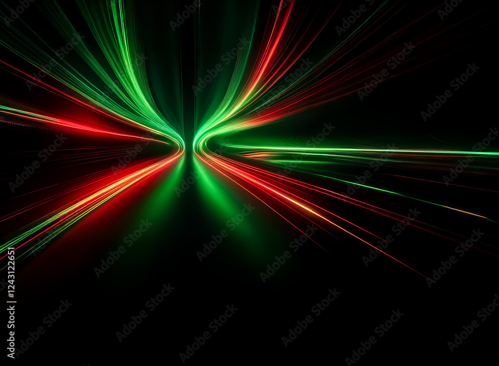 Poster abstract image featuring dynamic red and green light trails converging on a black backdrop, creating