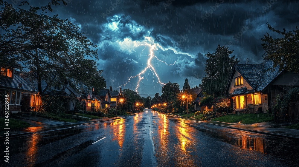 Poster bright flashes of lightning crackle through dark storm clouds above a quiet residential street, cast