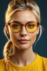 Fototapeta premium blond woman with yellow glasses and braid hair in a yellow top