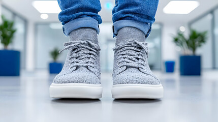 Grey sneakers, office hallway, plants, casual style, footwear fashion