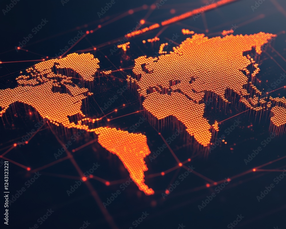 Aufkleber a digital world map illustrated with glowing orange nodes and connections, symbolizing global networ