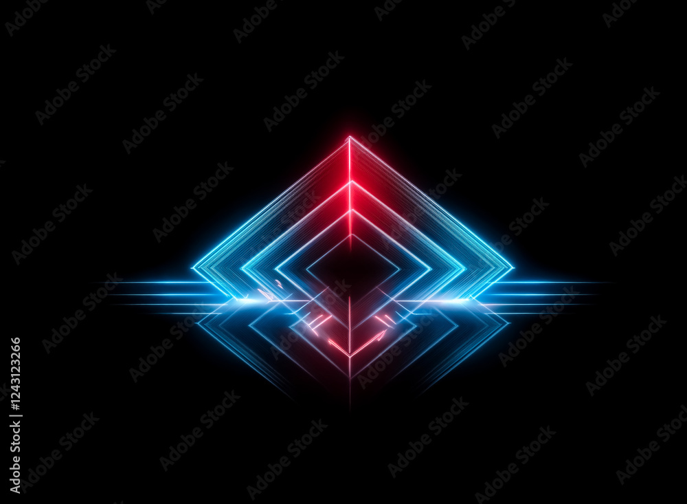 Poster abstract geometric shape with glowing red and blue neon outlines against a stark black backdrop. dia