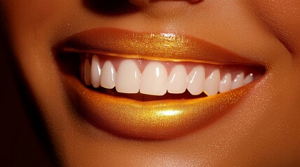 Fototapeta premium A close-up of a smiling mouth featuring shiny white teeth and a vibrant golden lip color, showcasing beauty and confidence.