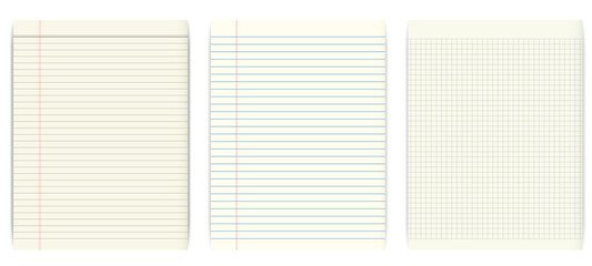 Set illustration of three different types of notebook paper, including lined, ruled, and graph sheets, ideal for education, office use, or design purposes.