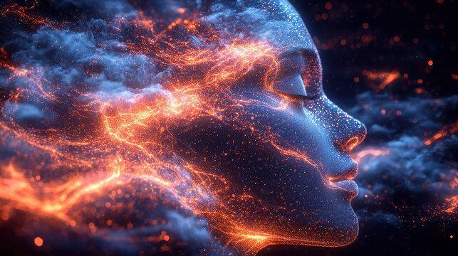 Surreal representation of quantum decoherence and human consciousness within shifting neon-lit probability waves