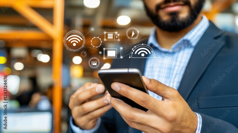 Poster innovative technology usage professional engaging with smart device in modern office environment