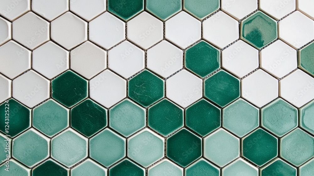 Poster The floor displays a captivating arrangement of hexagonal tiles in diverse shades of deep green and white. This intricate design adds sophistication and visual interest to the setting