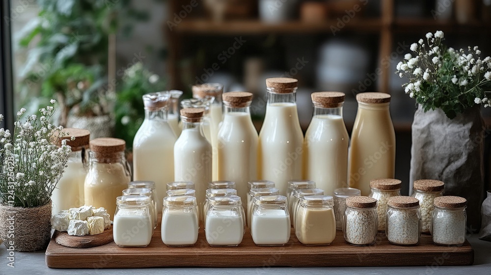 Poster assorted dairy products displayed on a wooden board with a rustic background and greenery