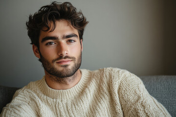 Obraz premium A young man with dark hair and a beard, wearing a cream-colored sweater, gazes directly at the camera.