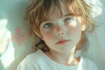 A freckled child with bright blue eyes rests peacefully on a light-colored bed.