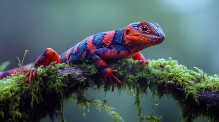 Vibrant Red and Black Lizard on Mossy Branch in Lush Rainforest