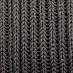 Texture of smooth knitted dark sweater with pattern. Top view, close-up. Handmade knitting wool or cotton fabric texture. Background of knitting patterns with a vertical large Braid Cable.