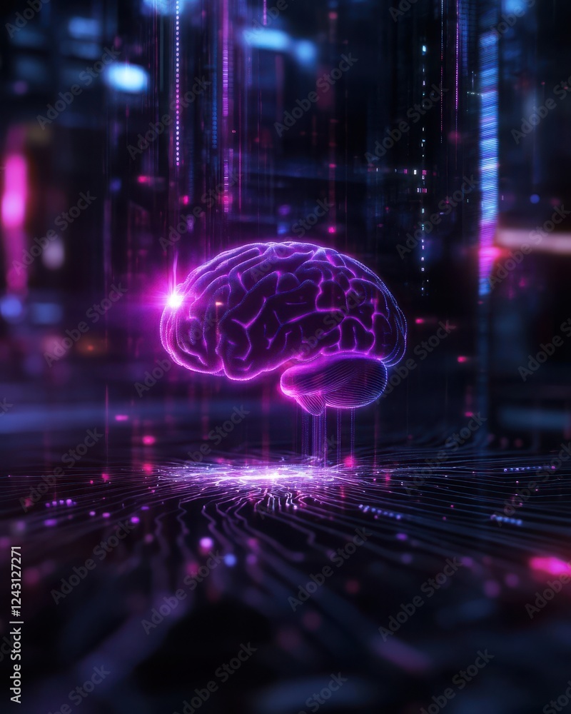 Poster a futuristic digital representation of a brain, symbolizing advanced technology and neural connectio