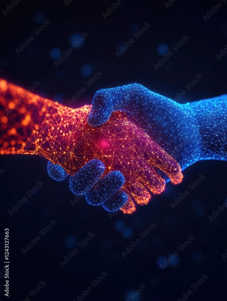 Poster a futuristic representation of a handshake, symbolizing digital connection and collaboration between