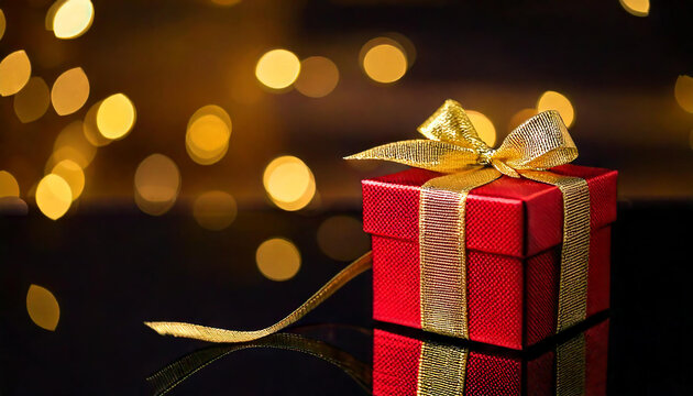 A beautifully wrapped red and black gift box with a metallic gold ribbon