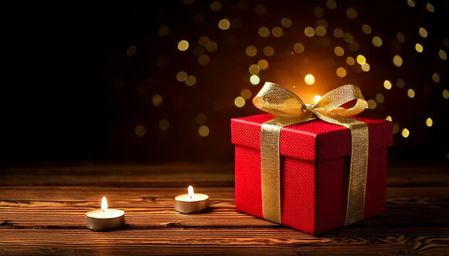 A festive red-black gift box with a golden satin ribbon, placed on a dark wooden surface