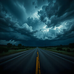Fototapeta premium Stormy Sky Over a Long, Straight Road with Yellow Center Line.