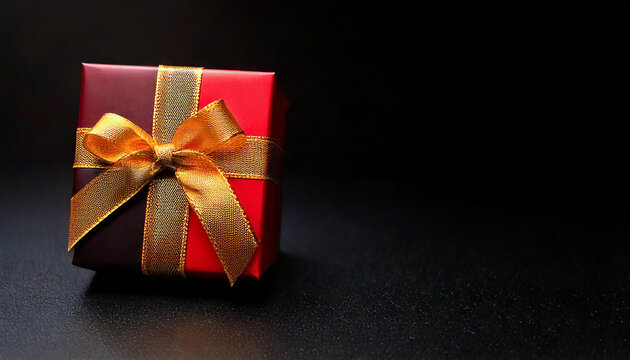 A matte red and black gift box with an embossed gold ribbon