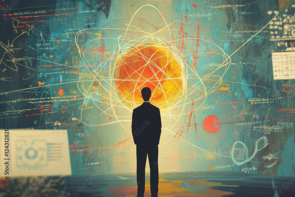 Poster scientist standing in front of colorful wall filled with complex physics equations and atomic illust