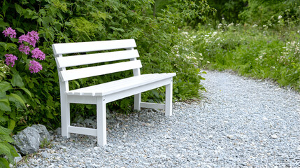 White bench park path garden flowers rest