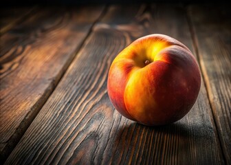 A succulent peach, bathed in light, rests on dark wood.