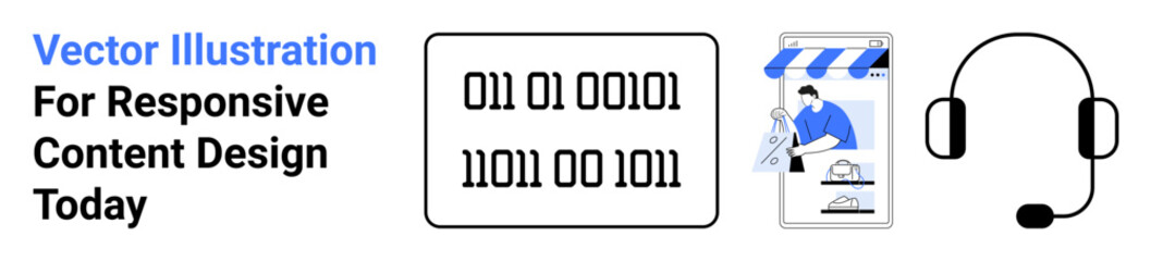 Binary code, a digital storefront icon, and a headset emphasize coding, e-commerce, customer service, tech innovations, and communication. Ideal for technology, programming business startups