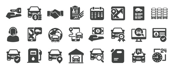Car rent glyph solid icons collection. Containing content taxi, dealer, automobile, dealer. Minimal icon and symbol series vector illustration