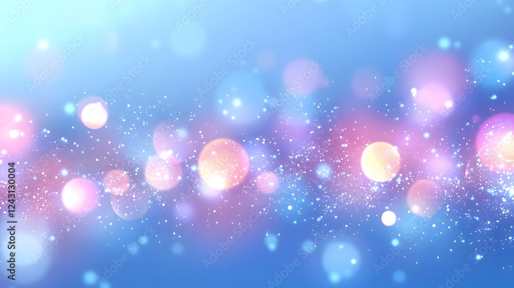 Poster Dazzling Celestial Glow   Shimmering twinkling and sparkling bokeh lights against a dreamy blue and pink gradient background creating a magical ethereal and whimsical atmosphere