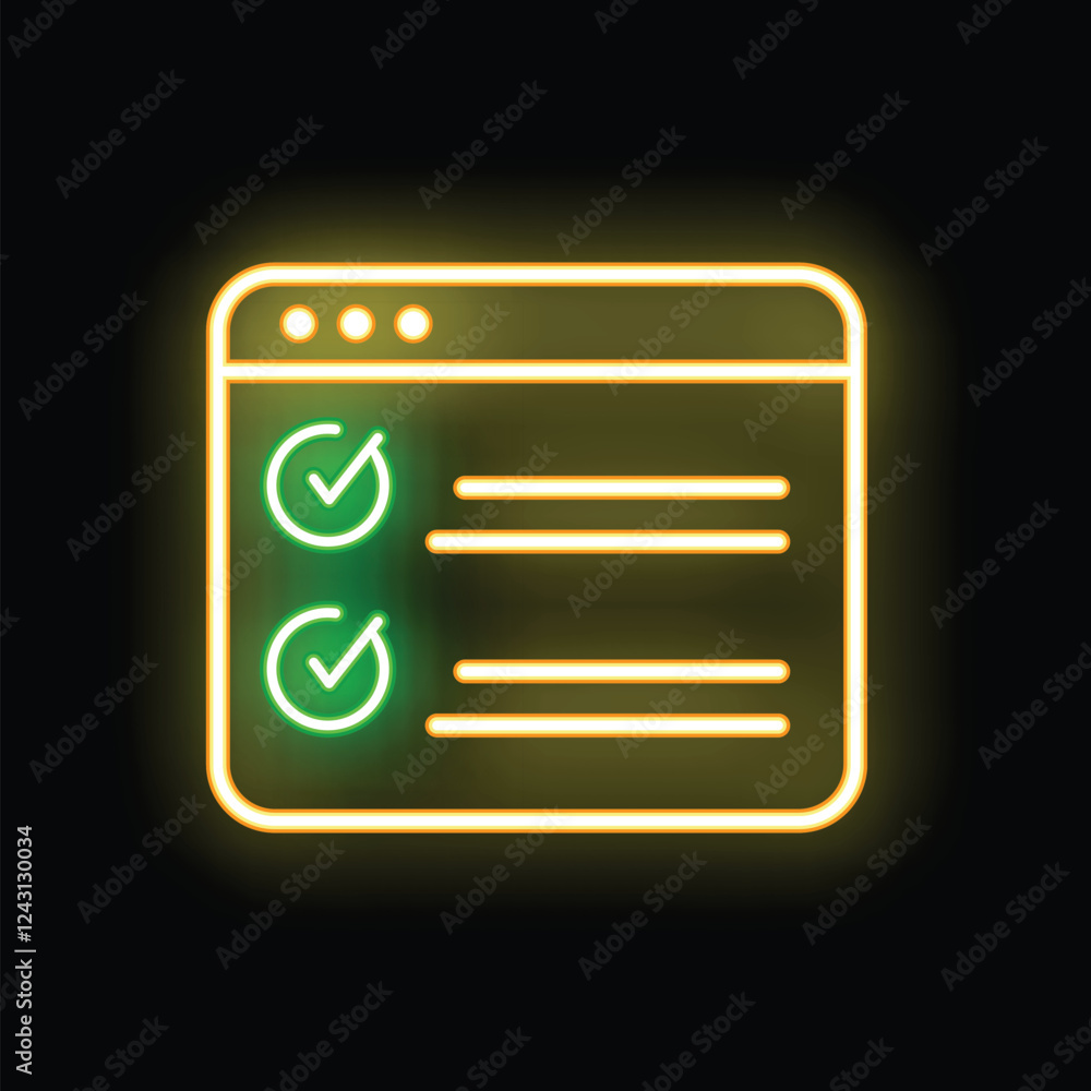 Poster neon glowing icon of a check mark showing completing tasks in browser window on a black background