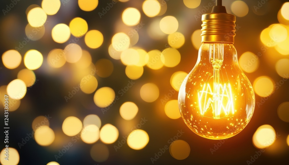 Poster a glowing light bulb surrounded by soft golden bokeh, creating a warm and inviting atmosphere in a c