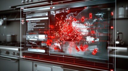 Cybersecurity threat analysis modern kitchen digital interface interactive environment close-up view technology and safety concerns
