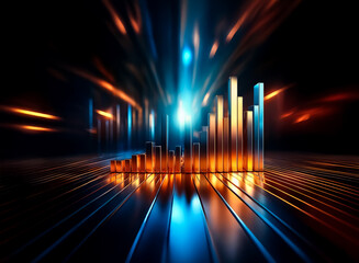 Abstract glowing bars on a reflective plane. Light streaks from behind create a dynamic, futuristic scene with vibrant blue and orange colors.