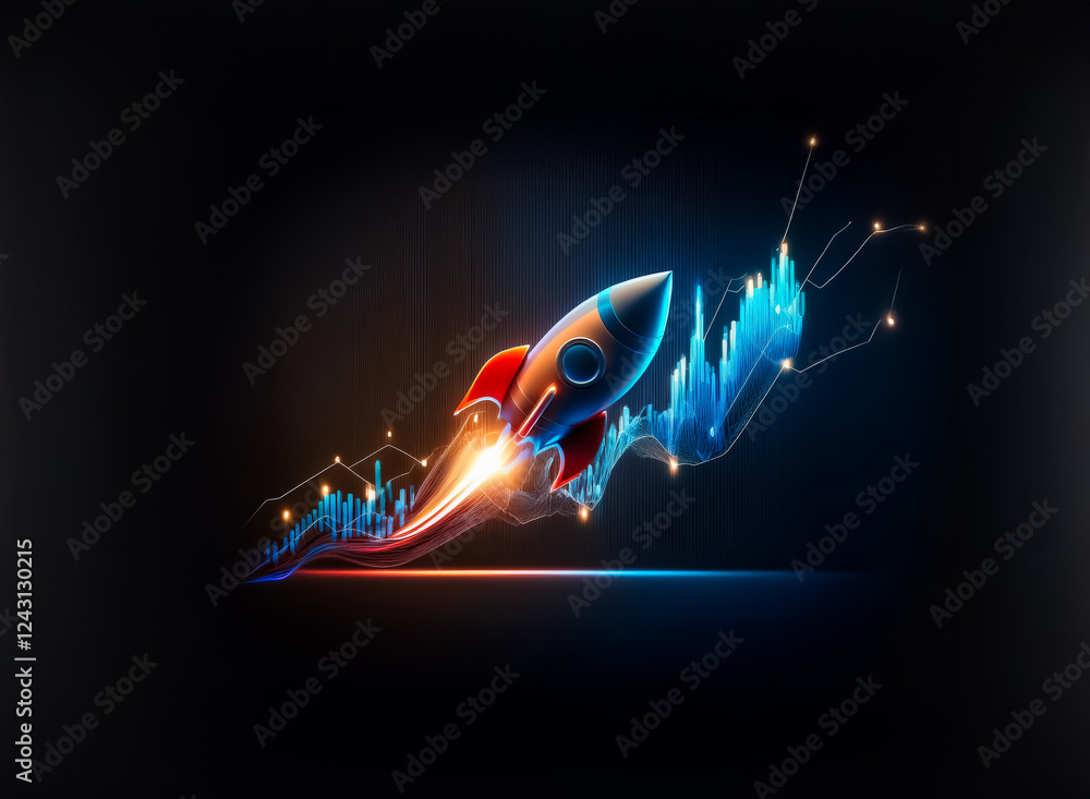 Poster rocket launching with vibrant trails and abstract light effects on a dark backdrop. dynamic design c
