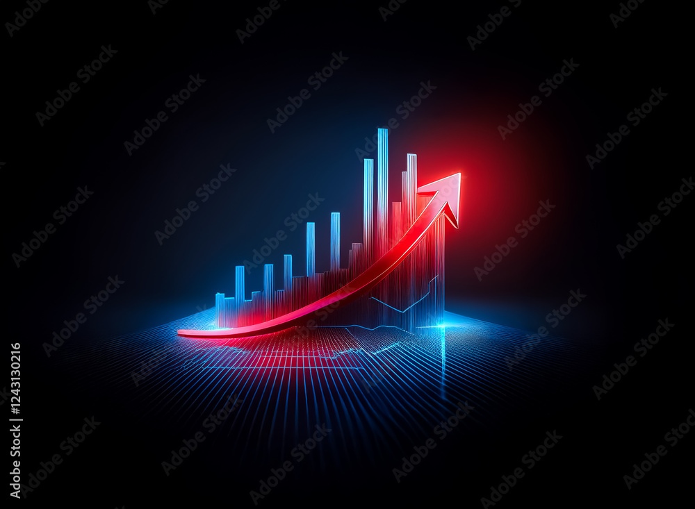 Poster neon bar graph with a vibrant red arrow pointing upwards, illuminated against a dark backdrop. showi