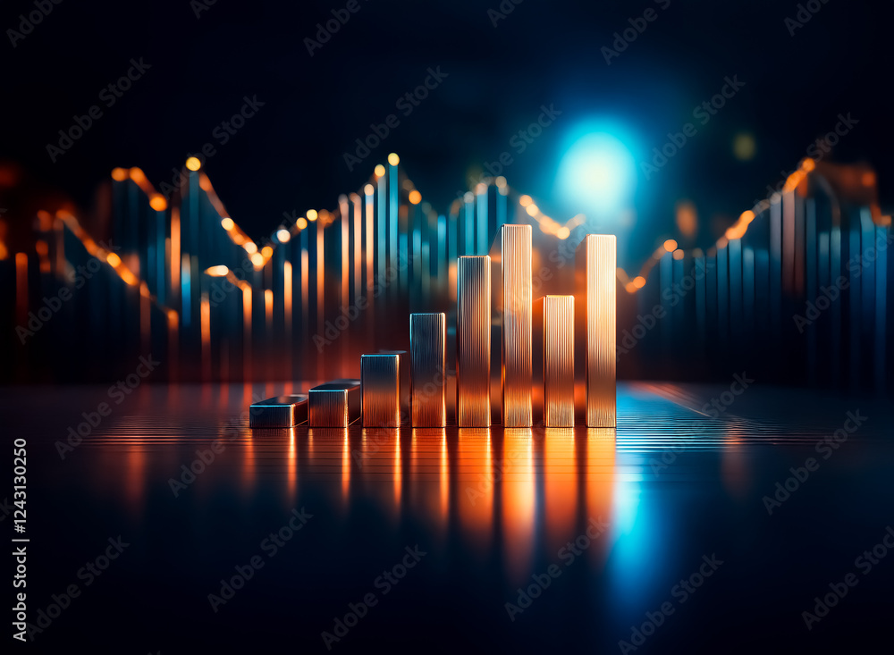 Poster abstract, futuristic bar chart shows financial growth with glowing columns on a dark reflective surf