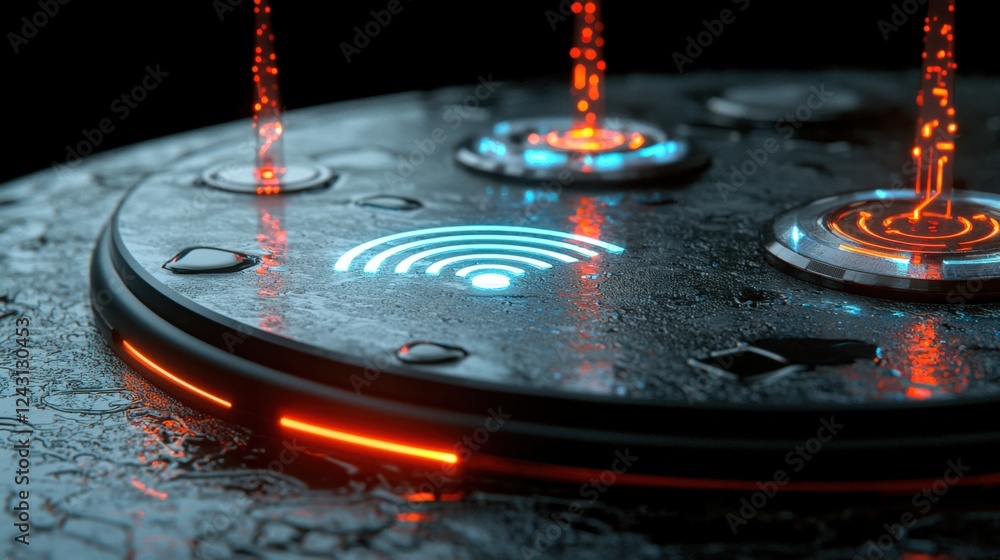 Poster innovative technology interface futuristic lab digital display urban environment close-up view conne
