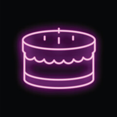 Neon sign in the shape of a birthday cake is glowing on a black background
